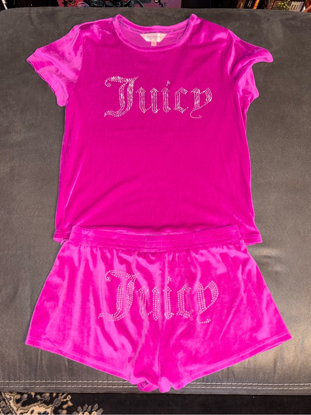 Juicy Couture Hot Pink Velour Short Pajama Set with Rhinestone Logo